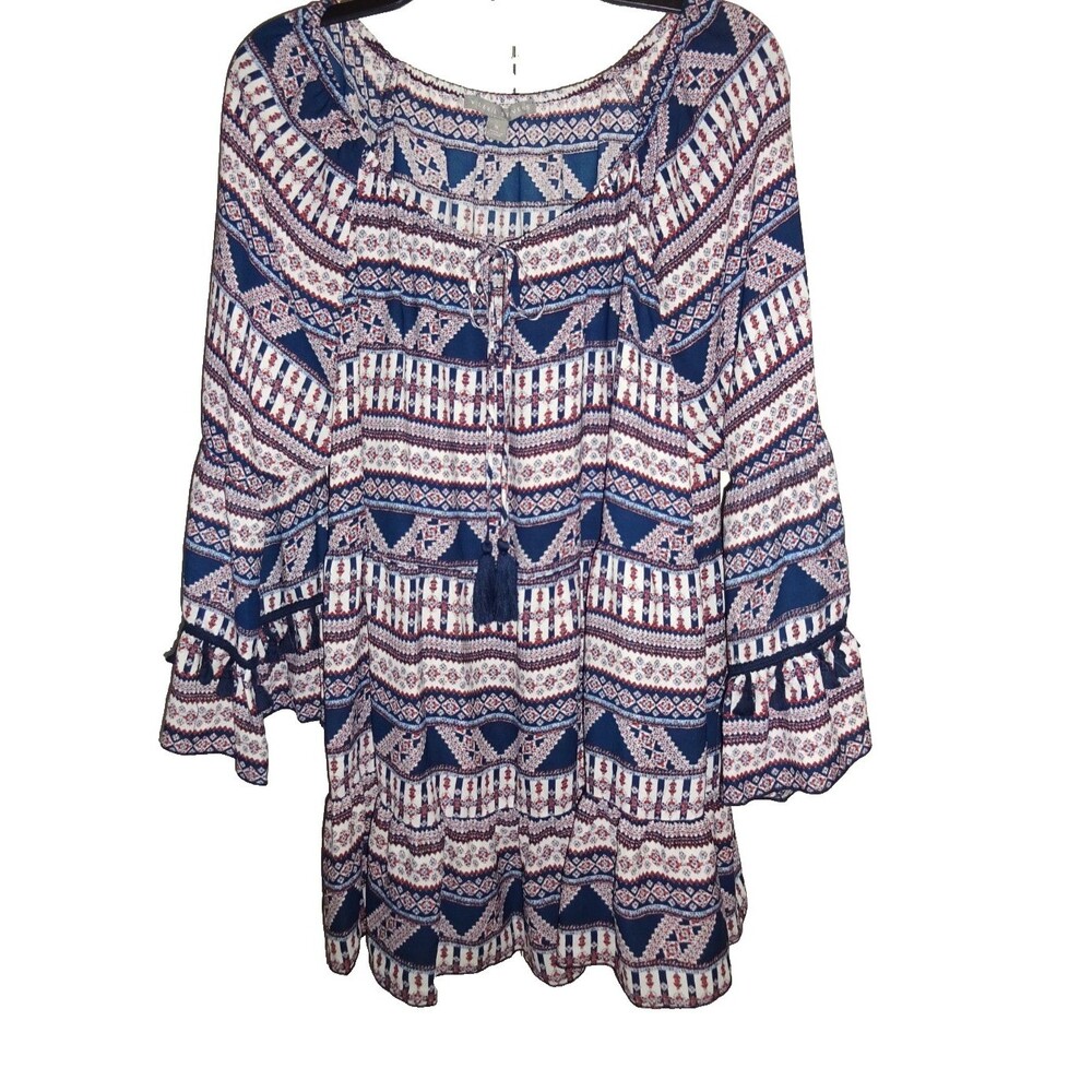 Valerie Stevens American Dream Tunic Blouse Womens XL Red White Blue Bell Sleeve